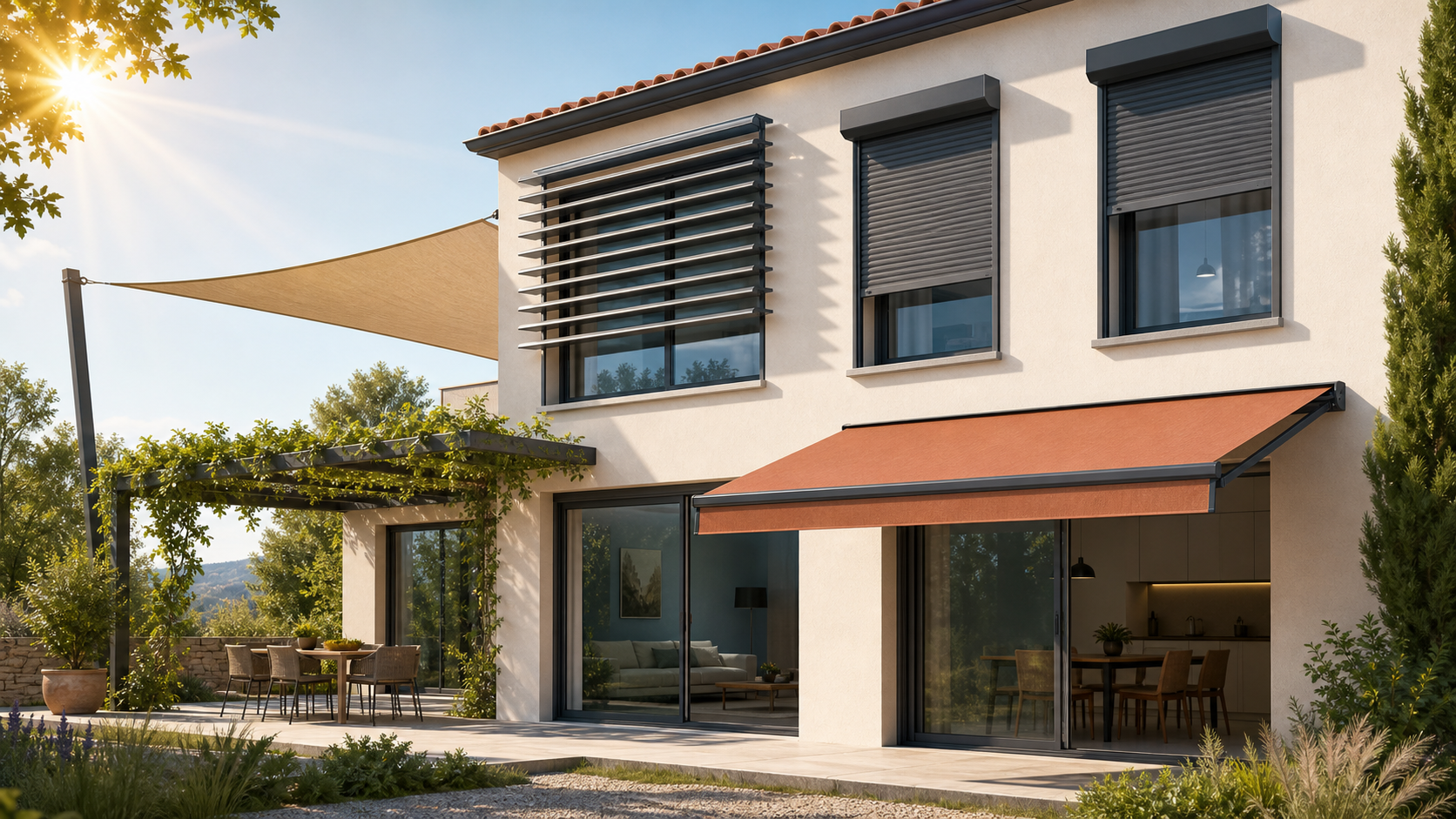 Maison équipée de brise-soleil, volets extérieurs, store banne, voile d'ombrage et pergola végétalisée.